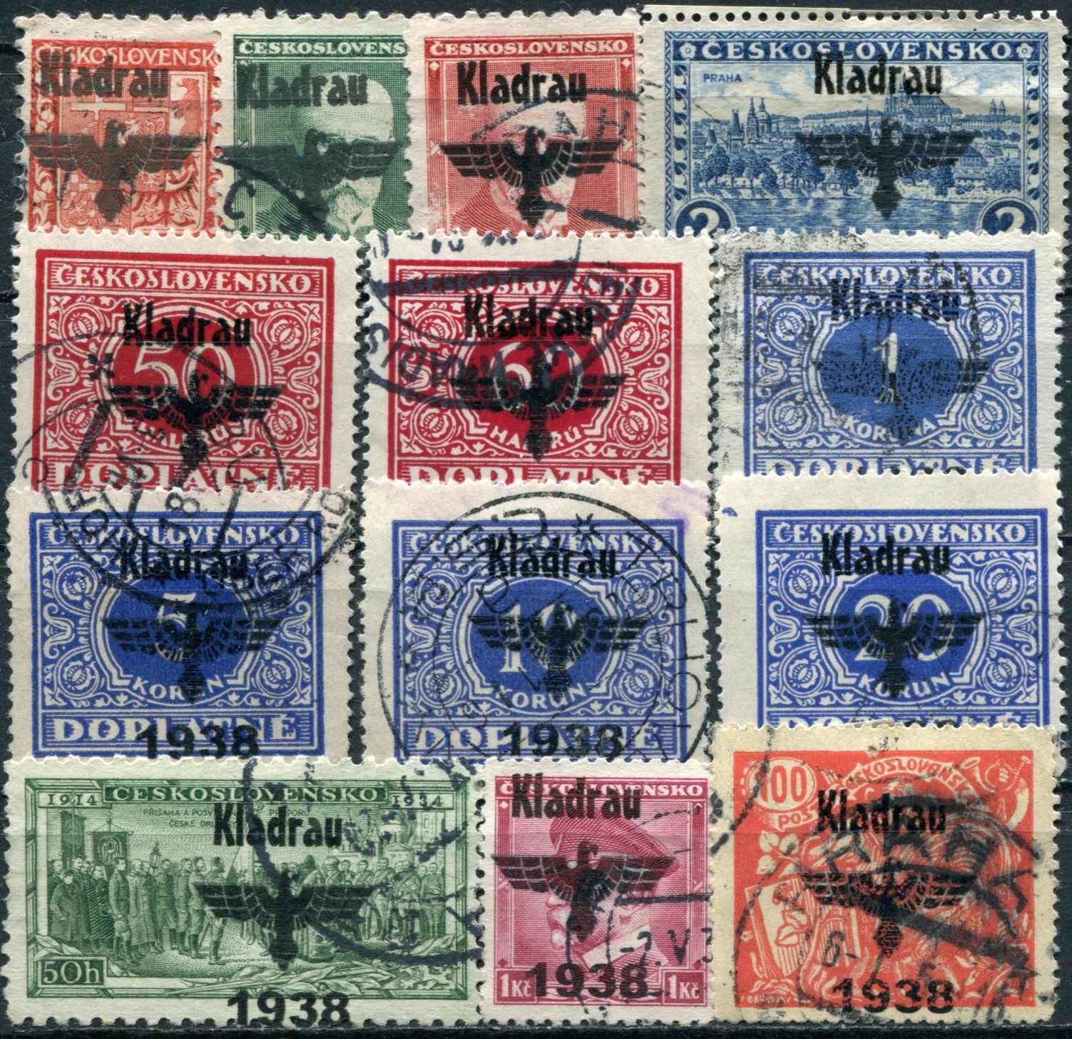 Československé poštovní známky používané říšskou poštou v Sudetech s přetiskem Kladrau, státním znakem a letopočtem 1938. 